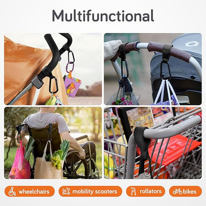 Baby Uma Stroller Hooks for Bags (2 Pack) - Faux-Leather Stroller Clips and Hooks, Universal, 11 lb Weight Capacity per Carabiner, Adjustable & Non-Slip, Baby Travel Essential (Black)