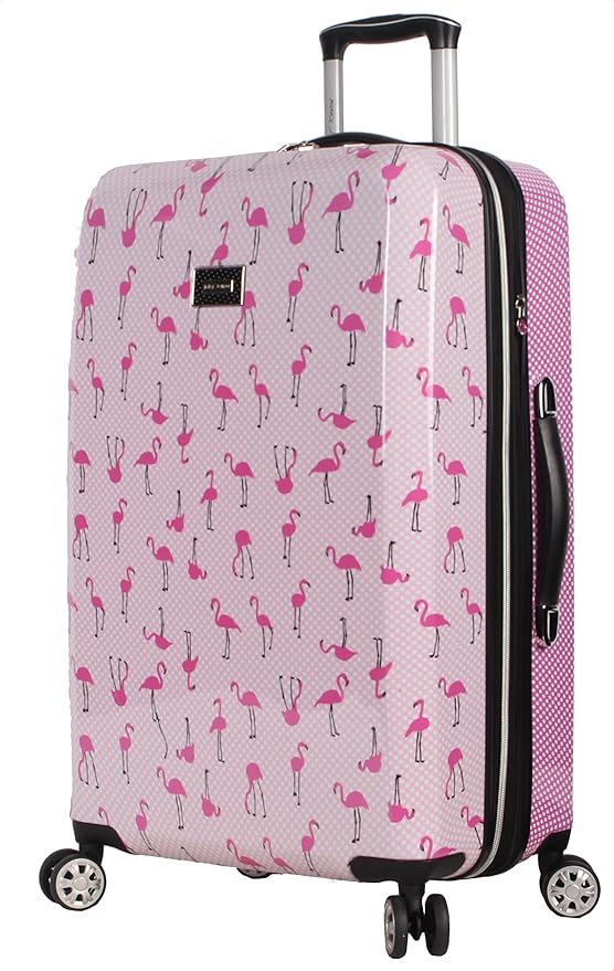 Betsey Johnson 26 Inch Checked Luggage Collection - Expandable Scratch Resistant (ABS + PC) Hardside Suitcase - Designer Lightweight Bag with 8-Rolling Spinner Wheels (Flamingo Strut)