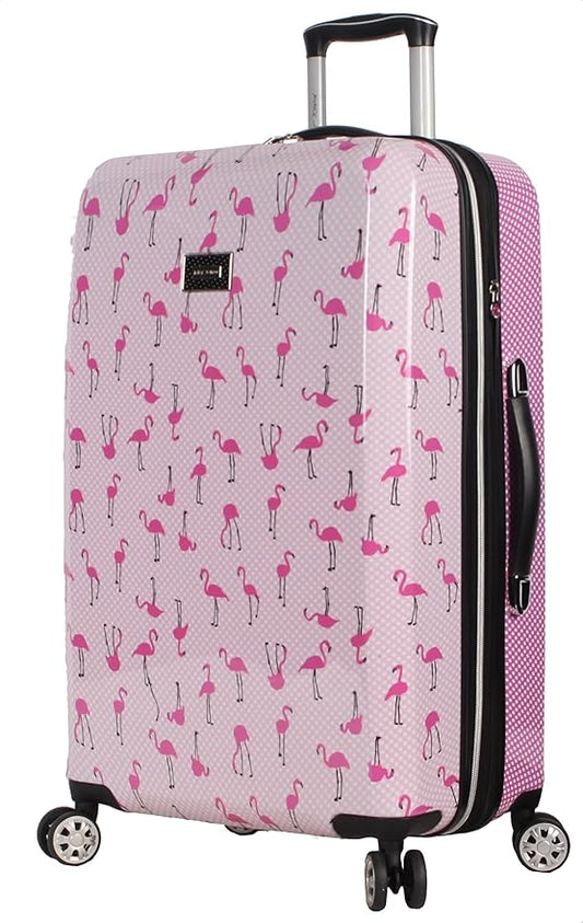 Betsey Johnson 26 Inch Checked Luggage Collection - Expandable Scratch Resistant (ABS + PC) Hardside Suitcase - Designer Lightweight Bag with 8-Rolling Spinner Wheels (Flamingo Strut)