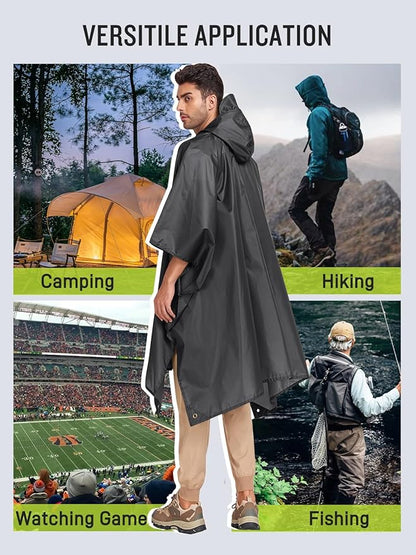 SaphiRose Extra Thick Hooded Rain Poncho Double Layer Waterproof Raincoat Jacket for Men Women Adults