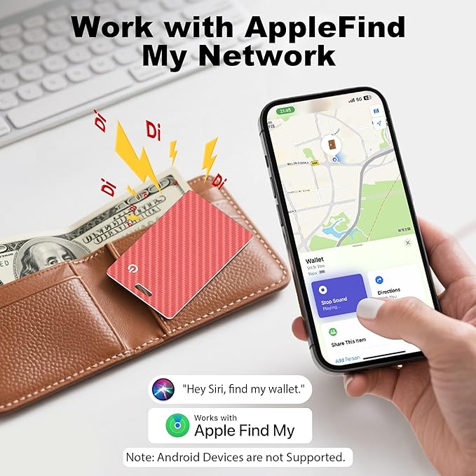 [Apple MFi Certified] Wallet Tracker Card with Apple Find My (iOS Only) Rechargeable Air Tracker Tags Bluetooth Wallet Finder IP68 Waterproof GPS Tracker Item Finder for Keys, Bags, Passport Red