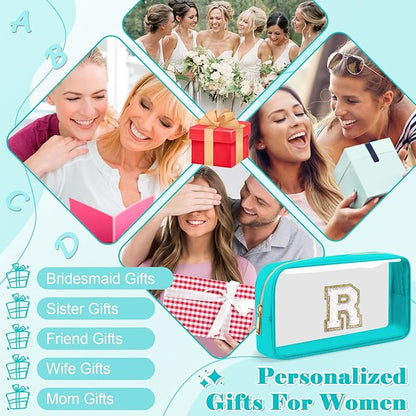 Personalized Initial Letter Clear Makeup Bag,Preppy Small Nylon&PVC Cosmetic Zipper Bag with Chenille Letter,Portable Beach Travel Skincare Toiletry Bag,Trendy Monogram Gift for Teen Girls Women,R