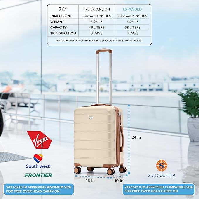 Flight Knight 24x16x10 Expandable Carry On Suitcase Hardside TSA Lock USB C Lightweight Luggage Silent Double Spinner Wheels Maximum Overhead Carry-On Bag For Virgin & South West Approved Airlines