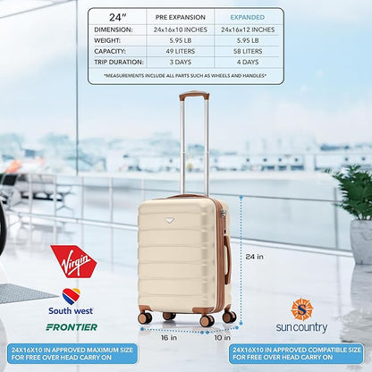 Flight Knight 24x16x10 Expandable Carry On Suitcase Hardside TSA Lock USB C Lightweight Luggage Silent Double Spinner Wheels Maximum Overhead Carry-On Bag For Virgin & South West Approved Airlines