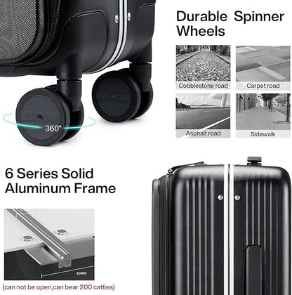 Hanke Grace Hard Shell Suitcases with Wheels,20 Inch Carry On Luggage Airline Approved with Aluminum Frame, Travel suitcase with Front Pocket Travel Luggage for Short Business Trips, Jet Black.