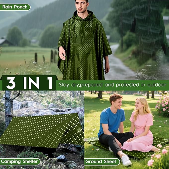 Bruvoalon 3-in-1 Rain Poncho with 1/4 Zip & Chest Pocket, Waterproof, Sunshade, Ground Mat for Adults & Youth Emergency