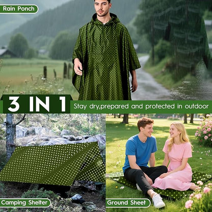 Bruvoalon 3-in-1 Rain Poncho with 1/4 Zip & Chest Pocket, Waterproof, Sunshade, Ground Mat for Adults & Youth Emergency