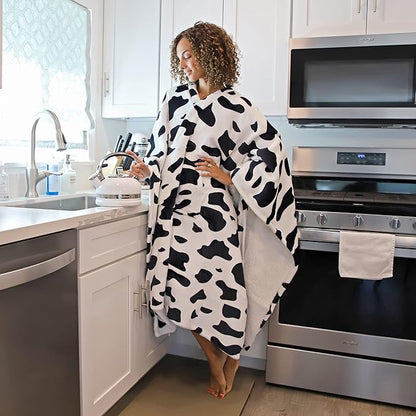 Catalonia Cow Print Sherpa Wearable Blanket Poncho for Adult Women Men, Wrap Blanket Cape with Pocket, Warm, Soft, Cozy, Snuggly, Comfort Gift