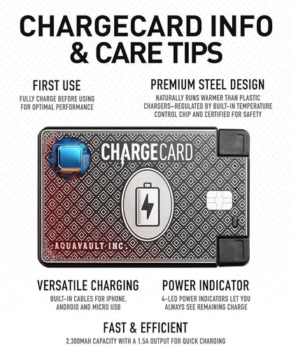 AquaVault ChargeCard – Ultra Slim Emergency Power Bank (2300mAh) – Fits in Wallet – USB-C & Micro-USB – Durable Steel Body – Flight-Safe for iPhone 12-17 & Android - Black