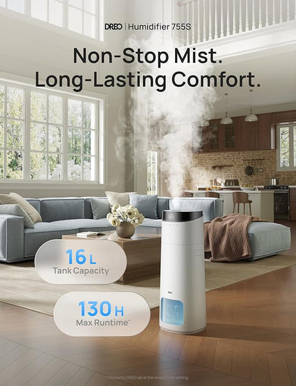 Dreo 16L Smart Humidifier Large Room 1000 ft², 130H Cool Mist Air Humidifiers for Bedroom Plants Baby, Top Fill, Remote/Touch/Voice & APP Control, Clean Tank Technology, 30dB, RGB Light, HM755S White