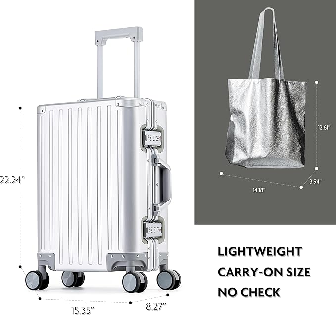 All Aluminum Carry On Luggage 22x14x9 Airline Approved Hard Shell Carry On Luggage Zipperless Luggage Metal 20inch Suitcase Luggage, Sliver