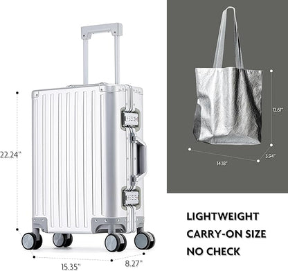 All Aluminum Carry On Luggage 22x14x9 Airline Approved Hard Shell Carry On Luggage Zipperless Luggage Metal 20inch Suitcase Luggage, Sliver