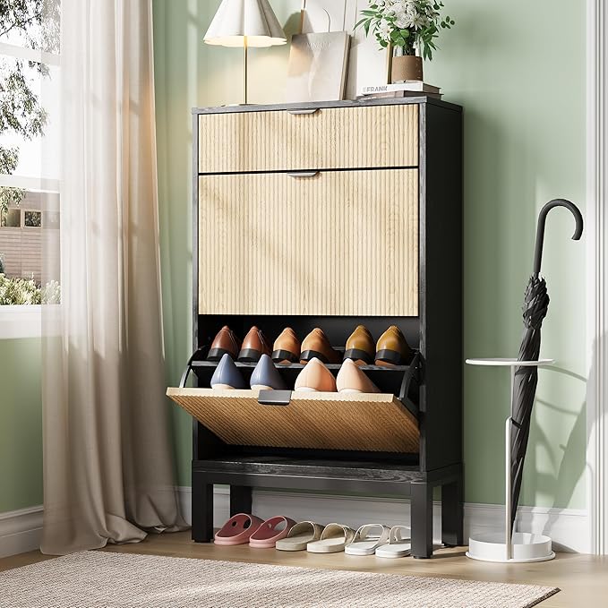 GAOMON Shoe Cabinet with 2 Flip Drawers, Entryway Cabinet with Adjustable Shelves, Accommodate 8 to 12 Pair of Shoes, Space-Saving Slim Shoe Cabinet for Entryway, Hallway, Front Door, Black Oak