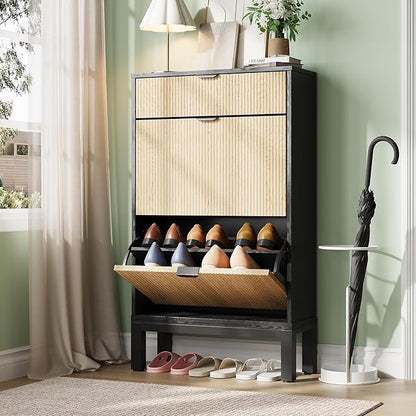 GAOMON Shoe Cabinet with 2 Flip Drawers, Entryway Cabinet with Adjustable Shelves, Accommodate 8 to 12 Pair of Shoes, Space-Saving Slim Shoe Cabinet for Entryway, Hallway, Front Door, Black Oak