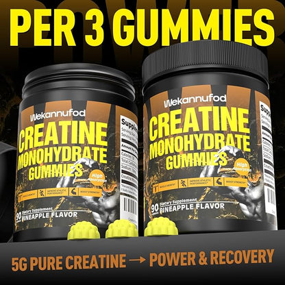 Creatine Monohydrate Gummies for Men & Women - 5,000mg Sugar-Free Creatine Supplement - Exclusive Soft Texture Technology, Non-GMO, (Pineapple - 90 Ct)