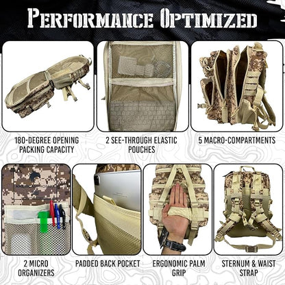 AMERICANPHOENIX 45L Elite Tactical Backpack | 3X Stronger Work & Military Backpack | Water Resistant and Heavy Duty | 3 Day MOLLE Bug Out Bag (Sand Storm)