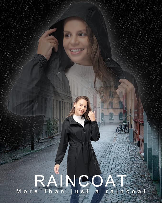 33,000ft Women's Waterproof Long Rain Coats Packable Rain Jacket with Hood Trench Coats Windbreaker