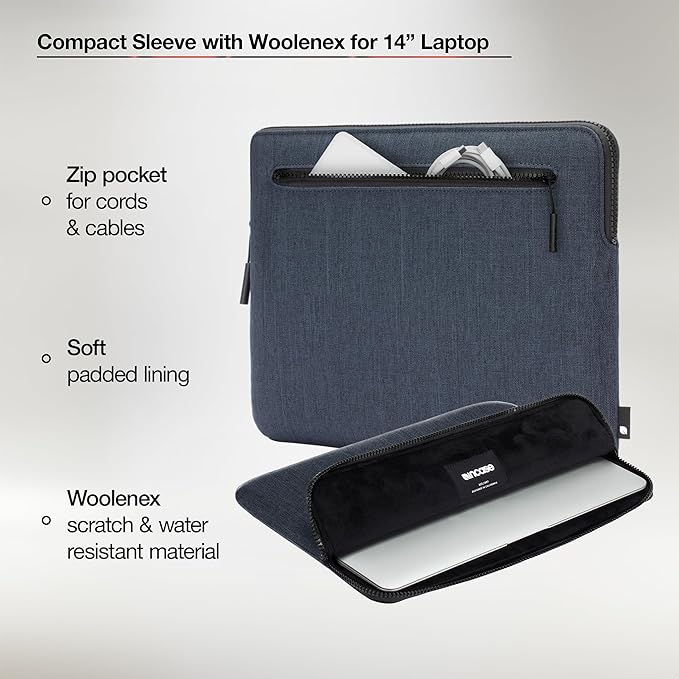 Incase Compact Laptop Sleeve with Woolenex - 14" MacBook/Laptop and iPad/Tablet Sleeve, Computer Case and Cover, Lightweight, Weather Resistant, with Slip Pocket for Accessories - Heather Navy