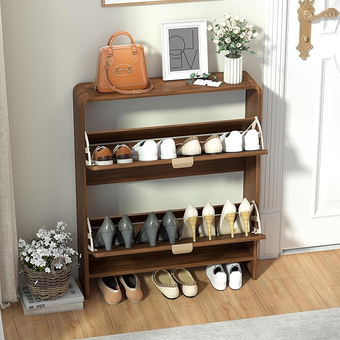 Wood Shoe Storage Cabinet with 2 Flip Drawer, Mid-Century Farmhouse Curved Corner Shoe Cabinet Arched Fluted Pattern, Hidden Narrow Shoe Organizer for Entryway, Living Room (Walnut, No-Divider)