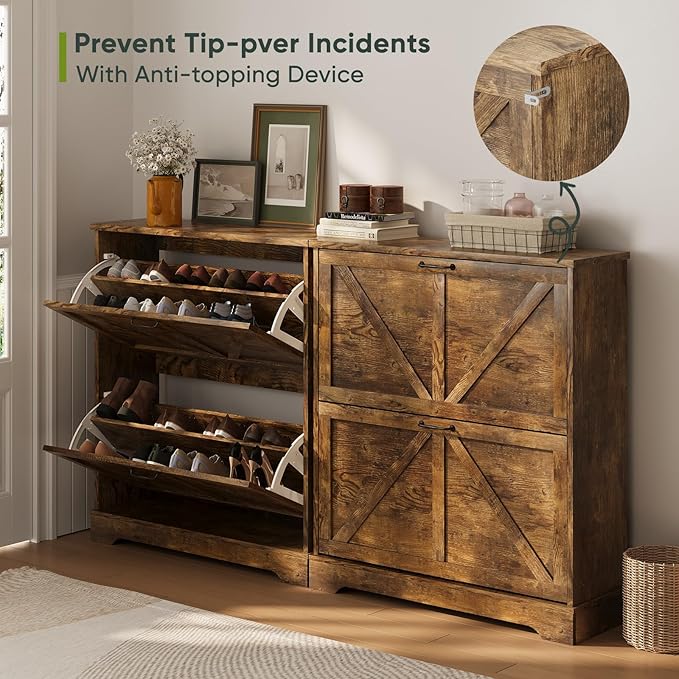 Shoe Cabinet, Shoe Storage Cabinet for Entryway with 2 Flip Drawers, Narrow Farmhouse Shoe Organizer Cabinet, Slim Shoe Rack Cabinet, 31.5 in Rustic Brown