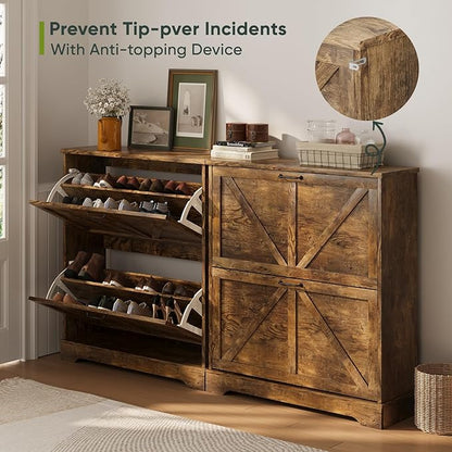 Shoe Cabinet, Shoe Storage Cabinet for Entryway with 2 Flip Drawers, Narrow Farmhouse Shoe Organizer Cabinet, Slim Shoe Rack Cabinet, 31.5 in Rustic Brown