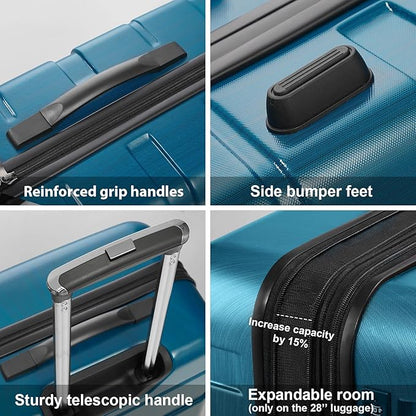 Coolife Luggage PC+ABS Expandable Hardshell Suitcase with TSA Lock, Spinner Checked Lightweight (Caribbean Blue, 28in)