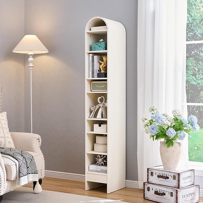 67" Tall Arched Bathroom Storage Cabinet, 8-Tier Modern Farmhouse Storage Cabinet with Adjustable Shelves, Wood Freestanding Cabinet for Bathroom, Living Room, Entryway, Hallway (Antique White)
