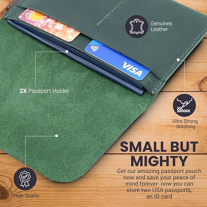 Leather Passport Holder with Travel Wallet, Genuine Leather Passport Cover- Passport Wallet, Leather Folding Wallet for Passports (Strap, Green)