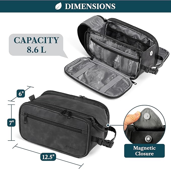 PAVILIA Large Toiletry Bag for Men Women, Mens Travel Bag Toiletries Organizer Case for Grooming, Travel Essentials Shaving Dopp Kit, PU Leather Water Resistant Cosmetic Pouch, Black