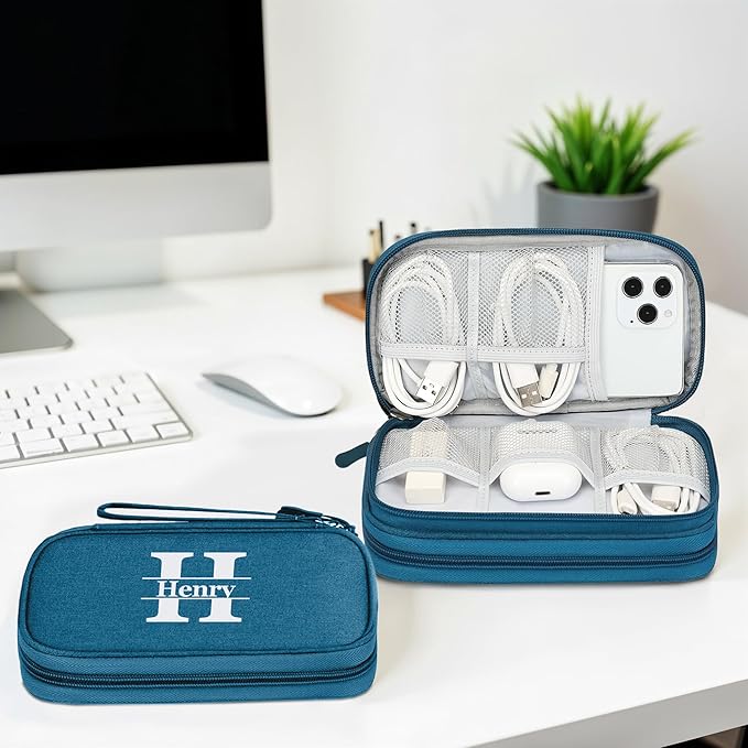 Personalized Electronics Organizer Travel Case – Custom Name Compact Cable Storage Bag for Chargers, Cords, USB Flash Drives – Waterproof Tech Pouch for Travel, Business and Daily Organization- Green