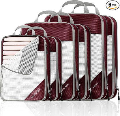 6 Set Compression Packing Cubes for Travel - Compressible, Lightweight, and Space-Saving Packing Cubes, Travel Essentials for Women, Wine