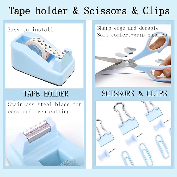 Blue Desk Accessories, Blue Office Supplies Accessories with Tape Dispenser, Stapler, Staple Remover, 1000 Staples, Tape, Clips Set, Ruler, Scissor, Pen