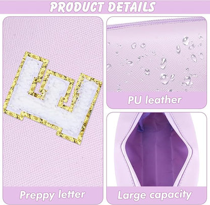Gifts for Girls Initial Makeup Bag Personalized Cosmetic Bag with Zipper Cute Travel Toiletry Bag Waterproof PU Preppy Makeup Pouch Birthday Gift for Teen Girls Women(Purple E)