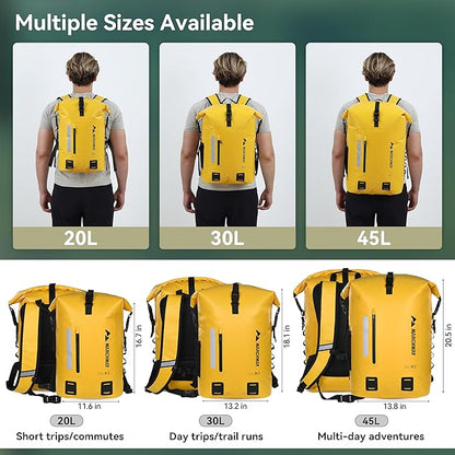 MARCHWAY Roll Top Waterproof Backpack, Floating Dry Bag 20L/30L/45L with Ergonomic Rectangular Base, Cushioned Back, Hip Strap for Hiking Camping Kayaking Travel (Yellow, 20L)
