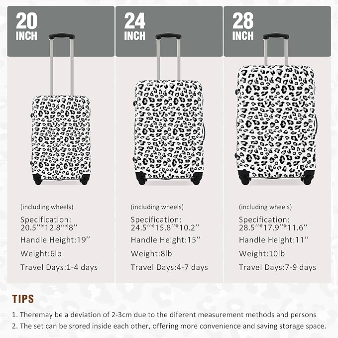 Merax Luggage Sets 3 Piece, Hardside Expandable Suitcase Set with Spinner Wheels, Lightweight Leopard 20+24+28 IN Suitcase with Carry on Luggage, Leopard White+Black