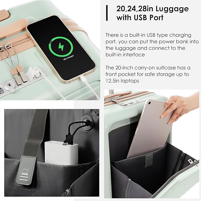 Merax 4-Piece Luggage Set with USB Charging Ports Suitcase with TSA Lock Travel Duffel Bag Wet-Dry Toiletry Bag, grey green+Bag