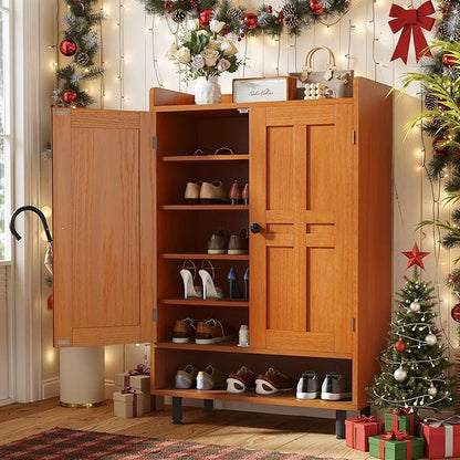 Entrance Shoe Cabinet with Doors,6-Tier Farmhouse Shoe Storage Organizer with Adjustable Shelves Holds 18-27 Pairs and Metal Legs, Entry Organizer Entryway, Living Room (Walnut)