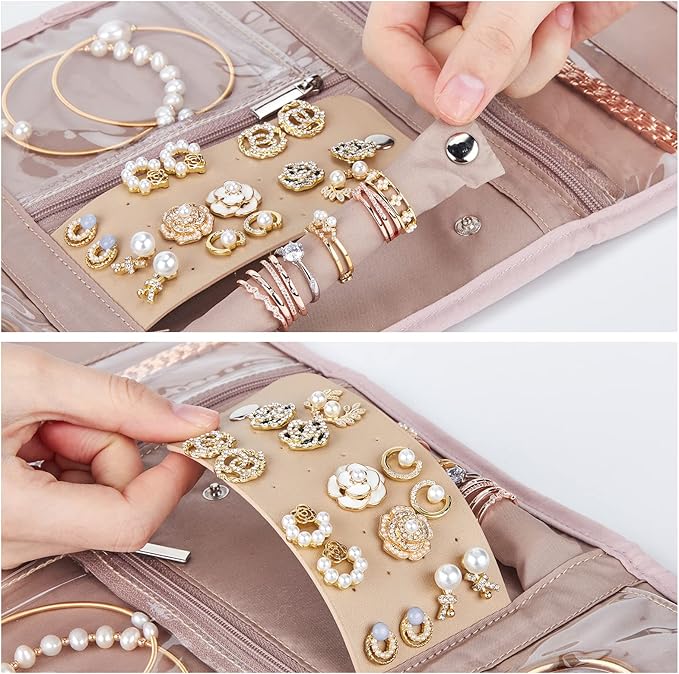 BELALIFE Travel Jewelry Case Organizer, Medium Foldable Storage Roll for Earrings, Necklaces, Rings, Bracelets, Brooches, Pink