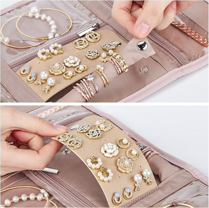 BELALIFE Travel Jewelry Case Organizer, Medium Foldable Storage Roll for Earrings, Necklaces, Rings, Bracelets, Brooches, Pink