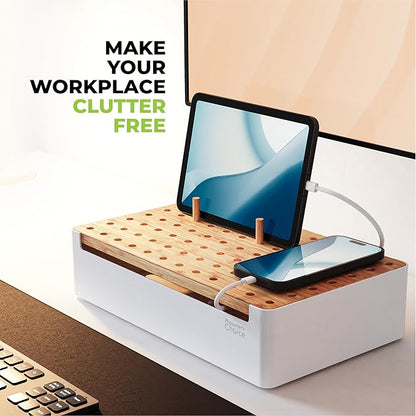 Prosumers Choice Bamboo Charging Station for Multiple Devices - Wooden Charger Organizer with Removable Dividers for Phones, Tablets, and Laptops - 11 Inch Cable Organizer Box - Space-Saving Desk Dock