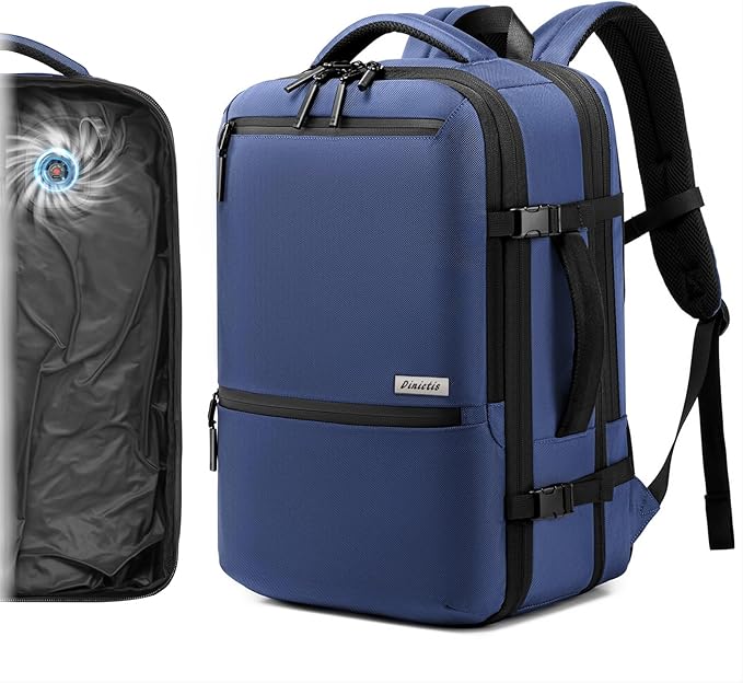 Dinictis Vacuum Seal Travel Backpack 60L Built-in Pump, Expandable Backpack with Vacuum Compression Fits 17 inch Laptop, Water Resistant Carry On Suitcase Luggage for Short Trip and Business-Blue