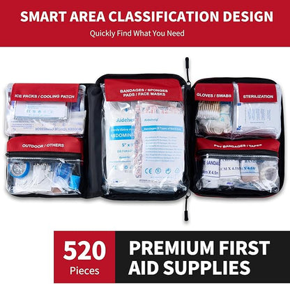 520 Pieces Premium First Aid Kit - Large Emergency Medical Kit for Survival, Car, Home, Travel, Camping, Backpack, Hiking, School (Red)