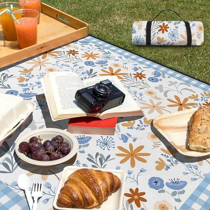 Extra Large Picnic Outdoor Blanket 80''x80'' Blue Plaid Flowers Waterproof and Sandproof Picnic Mat for Beach Foldable Camping Accessories for Grass Lawn Park