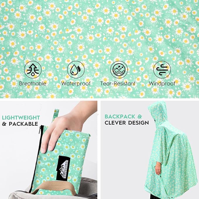 Bruvoalon 3-in-1 Rain Poncho with 1/4 Zip & Chest Pocket, Waterproof, Sunshade, Ground Mat for Adults & Youth Emergency