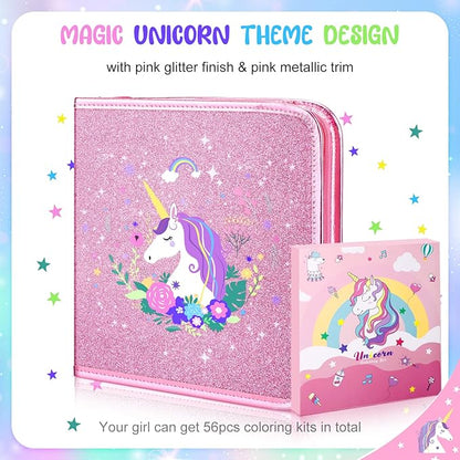 Fruit Scented Markers Set 56Pcs with Glitter Unicorn Pencil Case & Stationery,Art Supplies for Kids Ages 4-6-8, Art Coloring Kits Box,Gifts Toy for Girls Age 5,7,Pencil&Crayon Drawing Stuff