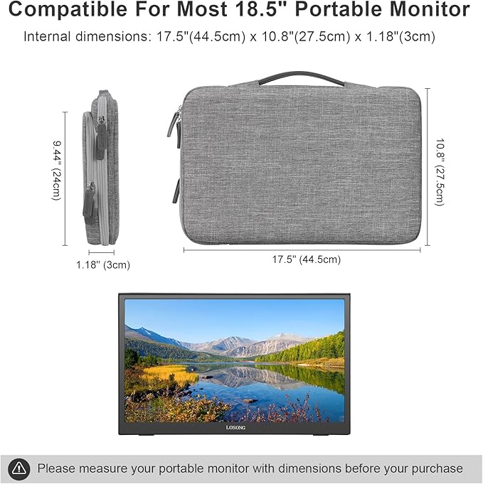 18.5 Inch Portable Monitor Case, 18.5 inch Laptop Protective Carrying Cover with PU Handle, Large Accessory Pocket and Water Resistant for Travel Monitor Bag Display Screen Sleeve, Gray