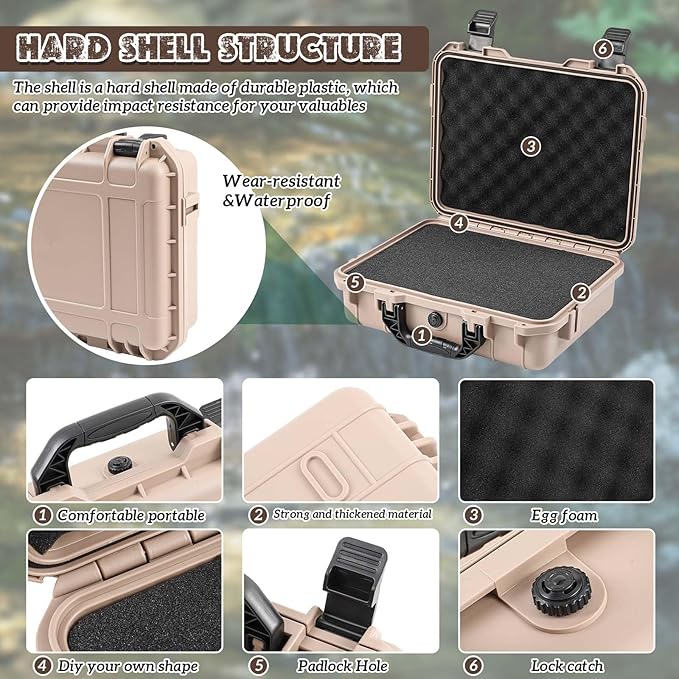 1 Pcs 14.3 x 11.4 x 4.5 Inch Waterproof Hard Case with DIY Customizable Foam Insert Portable Protective Case with Knife for Camera Drones Equipments Tools Test Instruments (Tan)
