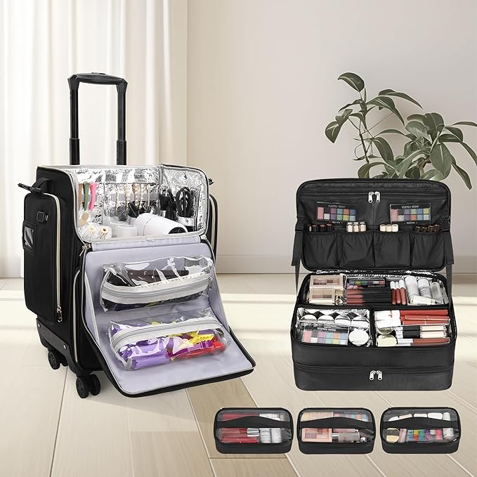 OCHEAL Hairstylist Traveling Case with a Large Makeup Travel Case for Hairstylist, Hairdresser Bag with Detachable Pouch,360° Rotatable Wheelsfor Hairdressing Tool Organizer 3 Makeup Bags