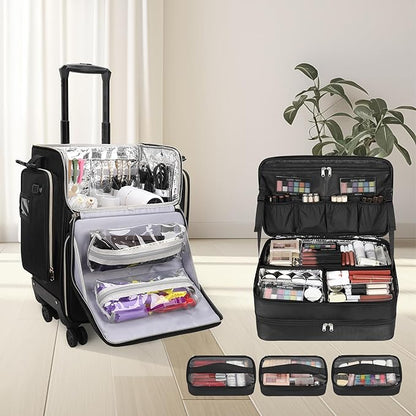 OCHEAL Hairstylist Traveling Case with a Large Makeup Travel Case for Hairstylist, Hairdresser Bag with Detachable Pouch,360° Rotatable Wheelsfor Hairdressing Tool Organizer 3 Makeup Bags