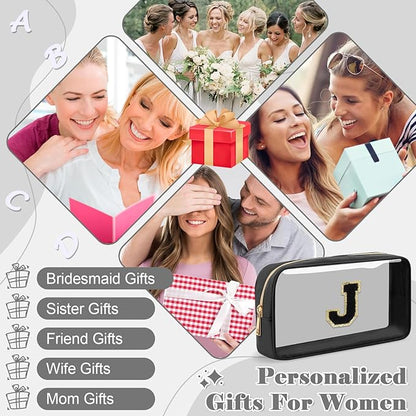 Personalized Initial Letter Clear Makeup Bag,Preppy Small Nylon&PVC Cosmetic Zipper Bag with Chenille Letter,Travel Skincare Toiletry Bag,Monogram Christmas Gift for Teen Girls Women,J